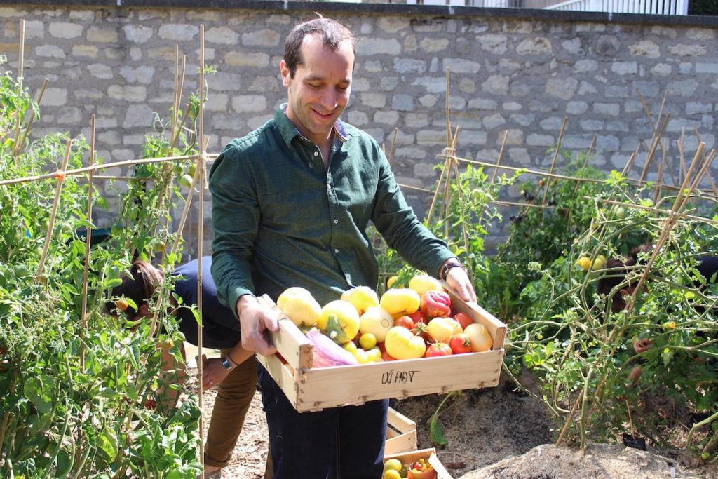 Un collaborateur du groupe M6 fier de récolter les fruits du travail en équipe au potager